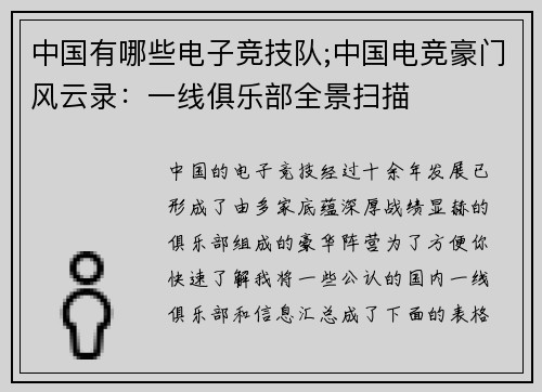 中国有哪些电子竞技队;中国电竞豪门风云录：一线俱乐部全景扫描